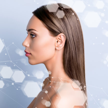 Advertising antiage wrinkle acne removal concept. Close-up portrait of nice attractive lady perfect shine pure flawless clean clear smooth soft facial structure isolated on gray blue pastel background